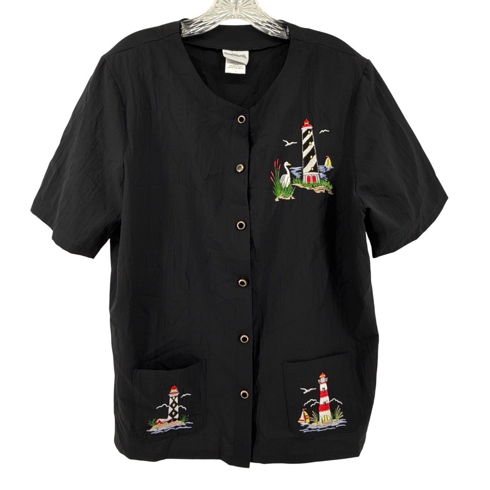 BonWorth Womens Large Lighthouse Nautical Coastal Embroidered Button Up Shirt